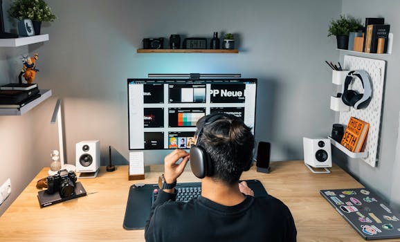 Cozy and organized home office workspace featuring a desktop computer, headphones, and creative decor.