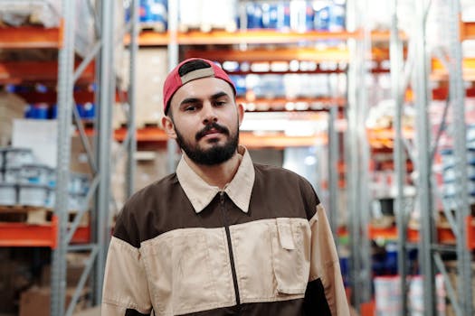 Young bearded man in uniform standing in a busy warehouse environment.